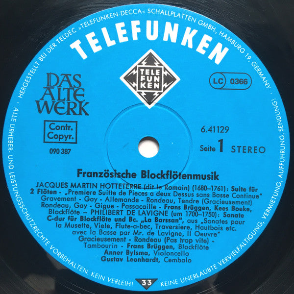 Frans Brüggen - Jacques Martin Hotteterre ∙ Philibert De Lavigne ∙ Joseph Bodin De Boismortier : Französische Blockflötenmusik = French Recorder Music (LP, RE)