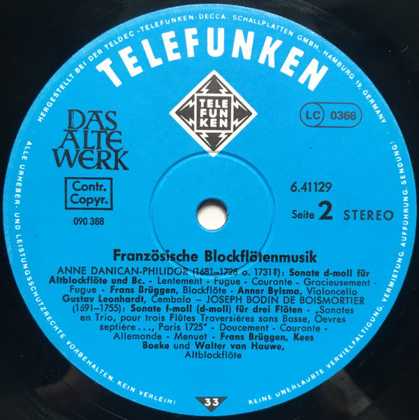 Frans Brüggen - Jacques Martin Hotteterre ∙ Philibert De Lavigne ∙ Joseph Bodin De Boismortier : Französische Blockflötenmusik = French Recorder Music (LP, RE)