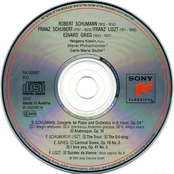 Robert Schumann, Franz Schubert, Edvard Grieg, Franz Liszt - Yevgeny Kissin, Wiener Philharmoniker, Carlo Maria Giulini : Piano Concerto · Arabeske · Die Forelle · Erlkönig · Aus Dem Karneval · Ich Liebe Dich · Soirées De Vienne (CD, Album)