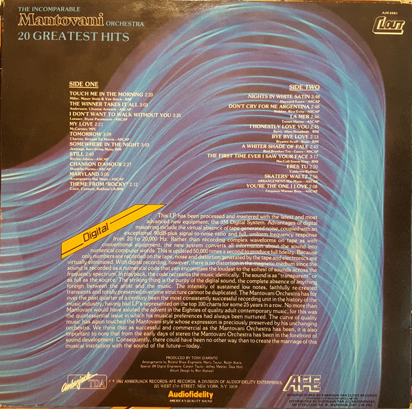 Mantovani : The Incomparable Mantovani/ 20 Greatest Hits (LP, Comp, Dig)