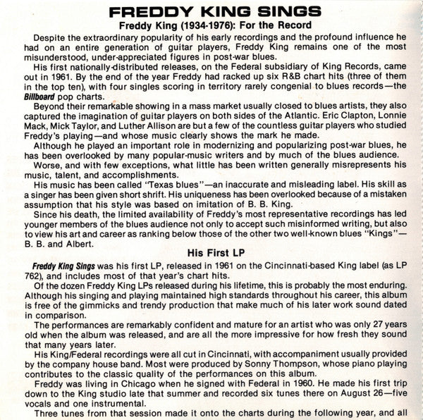 Freddy King* : Freddy King Sings (CD, Album, RE, RM)