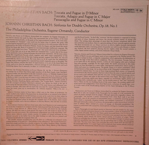 Johann Sebastian Bach, Eugene Ormandy, The Philadelphia Orchestra : Bach By Ormandy (LP, Album, RE)