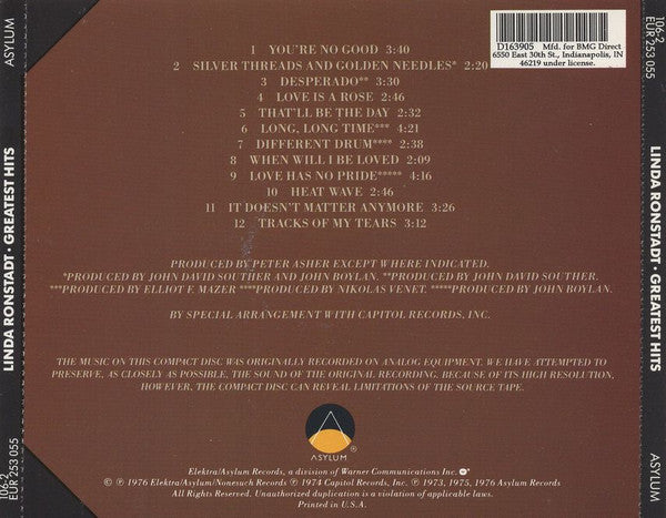 Linda Ronstadt : Greatest Hits (CD, Comp, Club, RE)