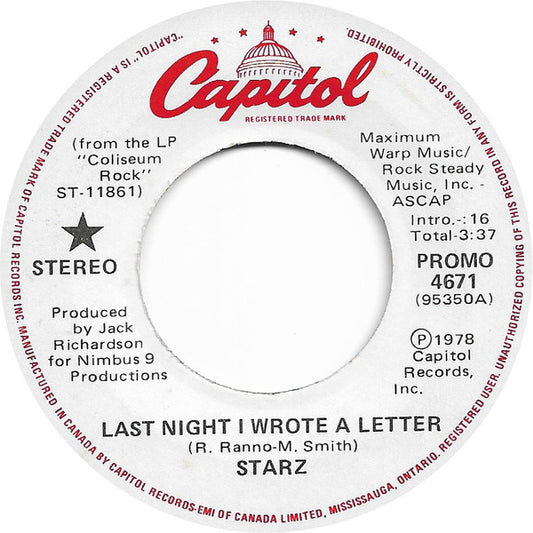 Starz (2) : Last Night I Wrote A Letter (7", Single, Mono, Promo)