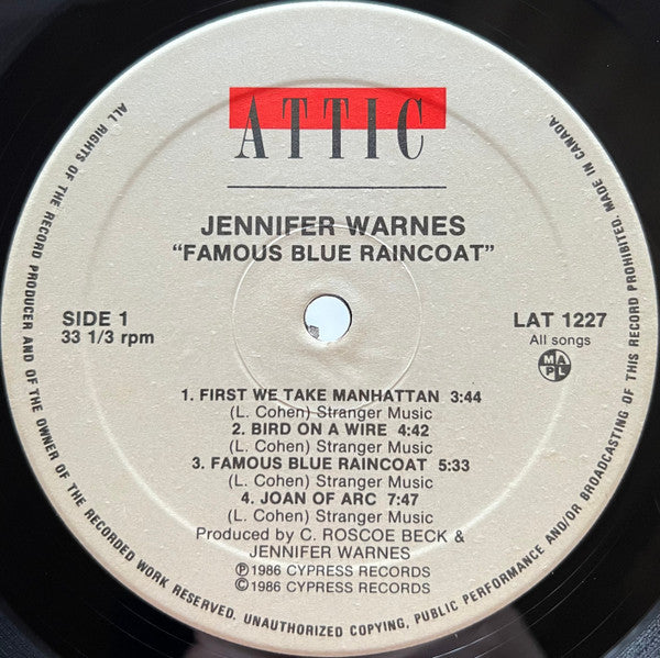 Jennifer Warnes : Famous Blue Raincoat (The Songs Of Leonard Cohen) (LP, Album)