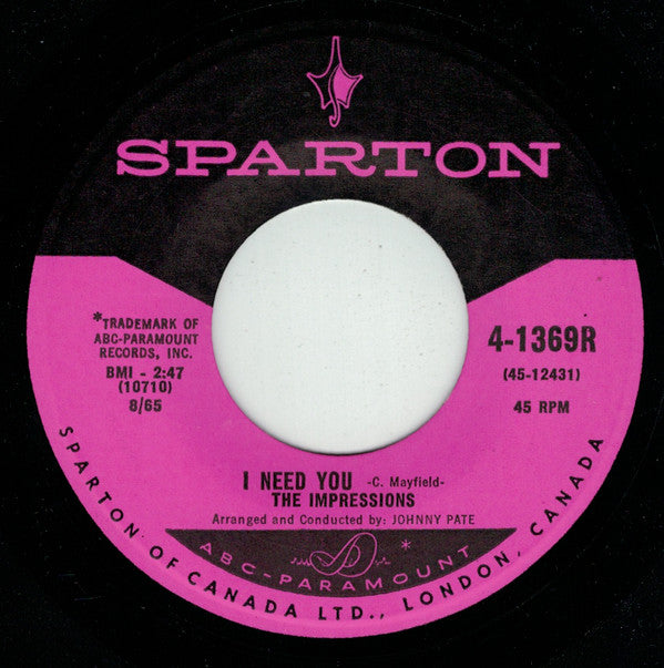 The Impressions : Never Could You Be / I Need You (7", Single)
