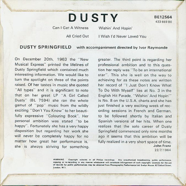 Dusty Springfield : Dusty (7", EP)