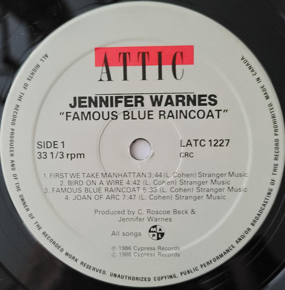 Jennifer Warnes : Famous Blue Raincoat (The Songs Of Leonard Cohen) (LP, Album, Club)