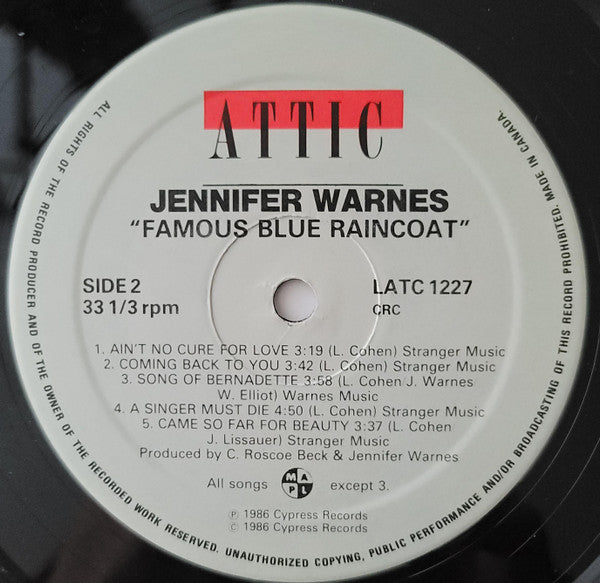 Jennifer Warnes : Famous Blue Raincoat (The Songs Of Leonard Cohen) (LP, Album, Club)
