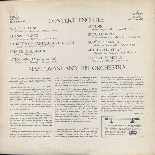 Mantovani And His Orchestra : Concert Encores (LP, Comp)