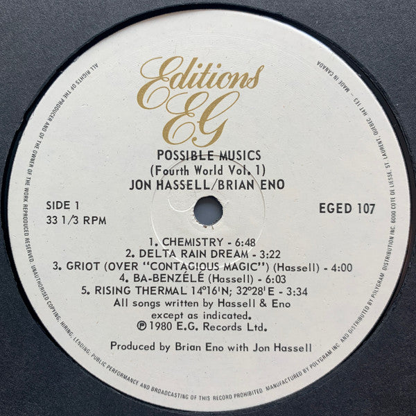 Jon Hassell / Brian Eno : Fourth World Vol. 1 - Possible Musics (LP, Album)