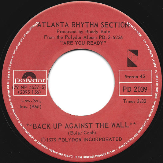 Atlanta Rhythm Section : Back Up Against The Wall / Large Time (7", Single)