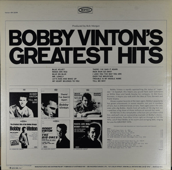 Bobby Vinton : Bobby Vinton's Greatest Hits (LP, Comp, RE)