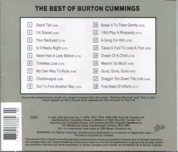 Burton Cummings : The Best Of Burton Cummings (CD, Album, Comp, Club)