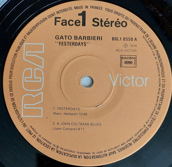 Gato Barbieri : Yesterdays (LP, Album, RE, Dis)