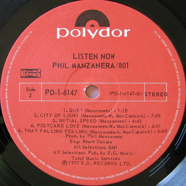 Phil Manzanera / 801 : Listen Now (LP, Album, RE)