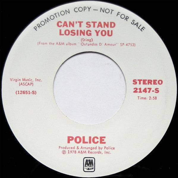 The Police : Can't Stand Losing You (7", Mono, Promo)