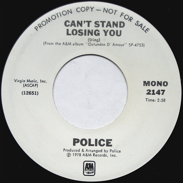 The Police : Can't Stand Losing You (7", Mono, Promo)