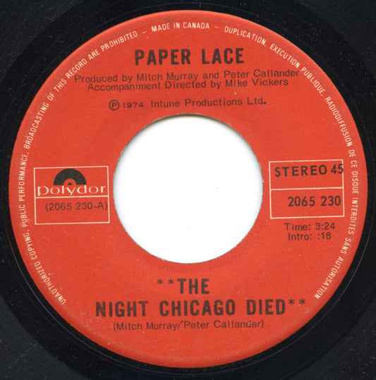 Paper Lace : The Night Chicago Died (7")