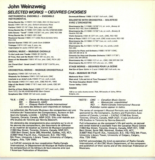 John Weinzweig : CAPAC Musical Portraits (7")