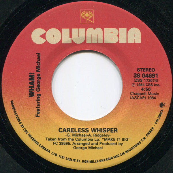 Wham! Featuring George Michael : Careless Whisper (7", Single)