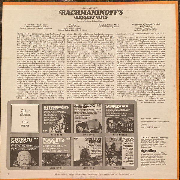 Sergei Vasilyevich Rachmaninoff : Rachmaninoff's Biggest Hits (LP, Comp)
