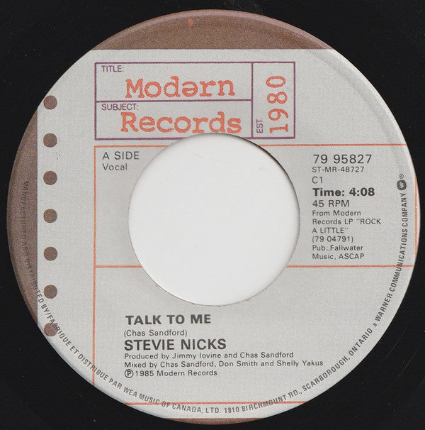 Stevie Nicks : Talk To Me / One More Big Time Rock And Roll Star (7", Single)