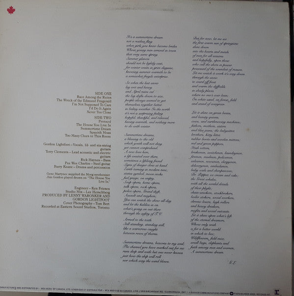 Gordon Lightfoot : Summertime Dream (LP, Album, Cin)