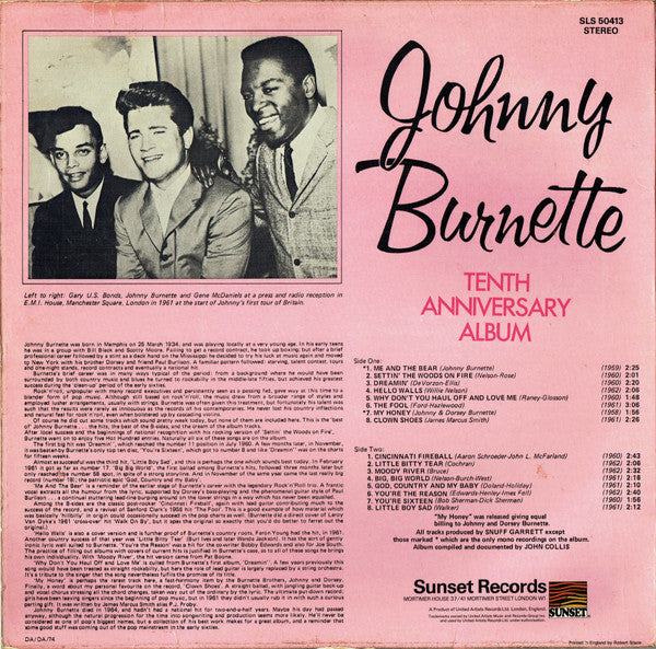 Johnny Burnette : Tenth Anniversary Album (LP, Album, Comp, Mono)