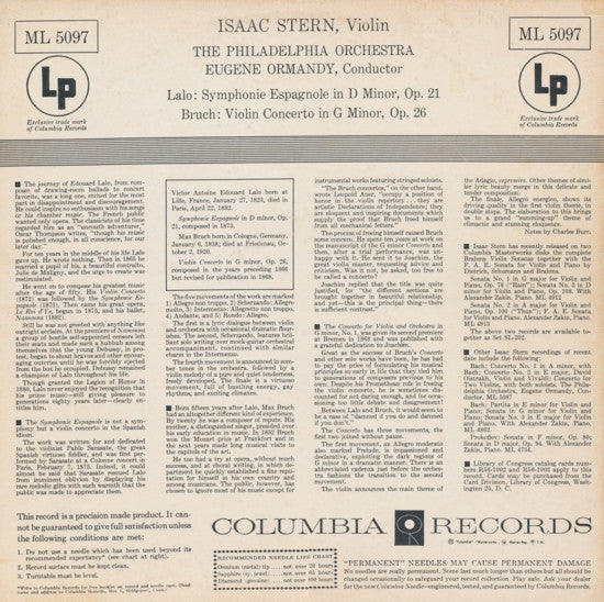 Édouard Lalo / Max Bruch - The Philadelphia Orchestra Conducted By Eugene Ormandy, Isaac Stern : Symphonie Espagnole In D Minor, Op. 21 / Violin Concerto In G Minor, Op. 26 (LP, Album, Mono)