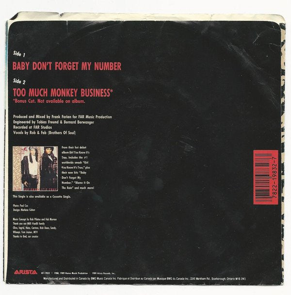 Milli Vanilli : Baby Don't Forget My Number (7", Single)