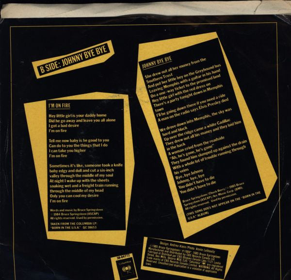 Bruce Springsteen : I'm On Fire (7", Single)