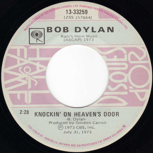 Bob Dylan : Knockin' On Heaven's Door / A Fool Such As I (7", Single, RE)