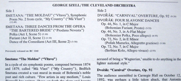 Smetana* / Dvořák* : Szell*, Cleveland Orchestra* : The Moldau, Three Dances From The Bartered Bride / Carnival Overture - Four Slavonic Dances (LP, RE, RM)