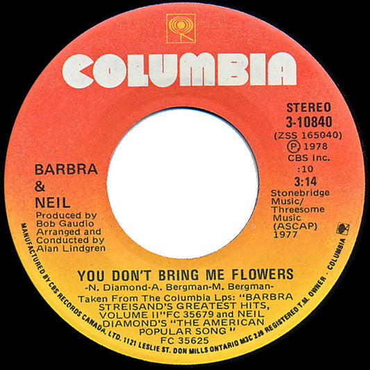 Barbra Streisand & Neil Diamond : You Don't Bring Me Flowers (7", Single)