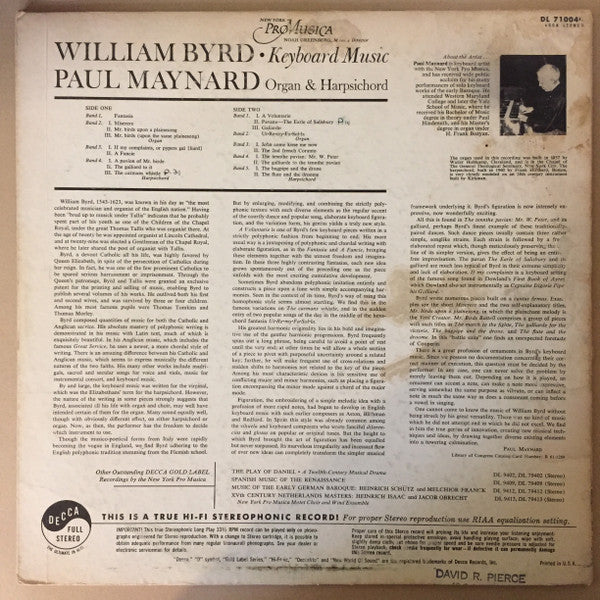 William Byrd - New York Pro Musica, Paul Maynard : Keyboard Musick (LP, Album)