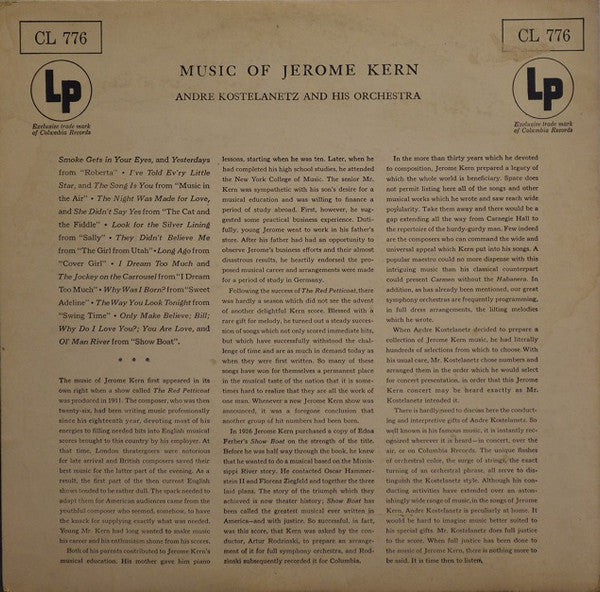 Jerome Kern : André Kostelanetz And His Orchestra : Music Of Jerome Kern (LP, Album, Mono)