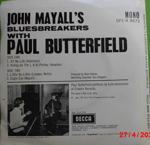 John Mayall & The Bluesbreakers With Paul Butterfield : All My Life (7", EP, Mono, 4-P)