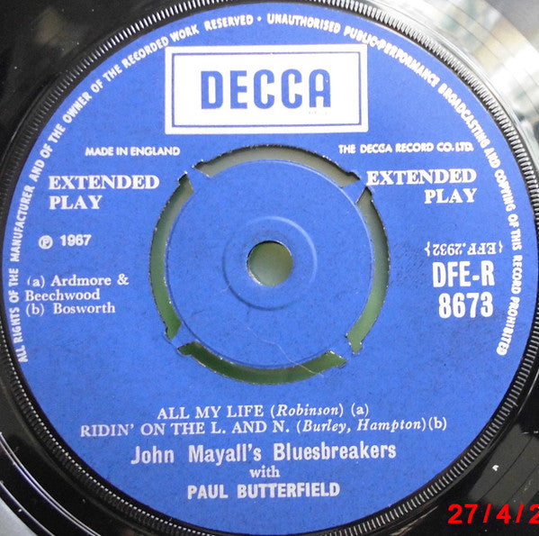 John Mayall & The Bluesbreakers With Paul Butterfield : All My Life (7", EP, Mono, 4-P)