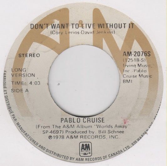 Pablo Cruise : Don't Want To Live Without It (7", Single)