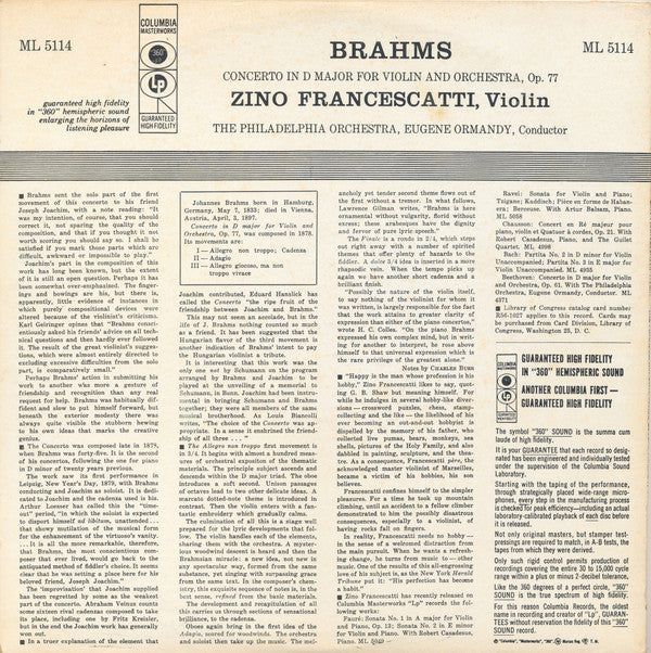 Johannes Brahms / Zino Francescatti, The Philadelphia Orchestra, Eugene Ormandy : Concerto In D Major For Violin And Orchestra, Op. 77 (LP)