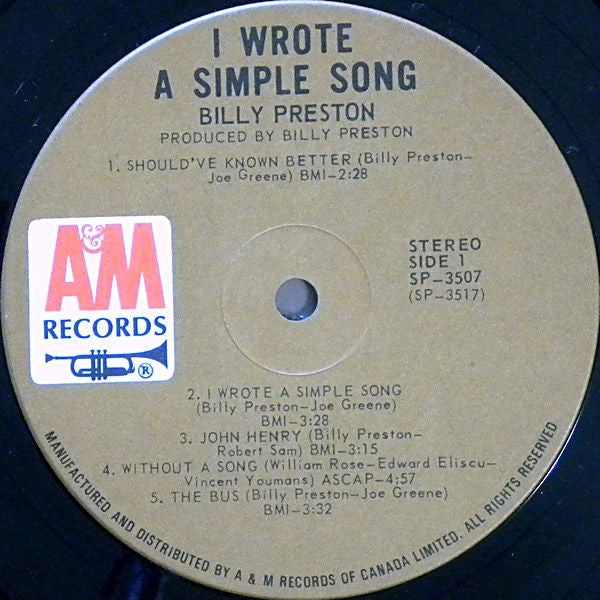 Billy Preston : I Wrote A Simple Song (LP, Album, Gat)