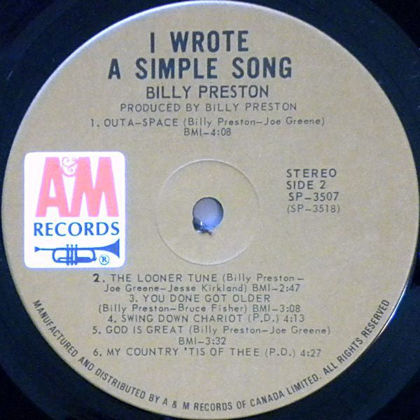 Billy Preston : I Wrote A Simple Song (LP, Album, Gat)