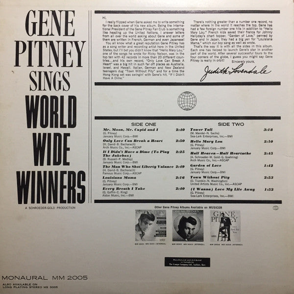 Gene Pitney : Sings World-Wide Winners (LP, Album, Mono)