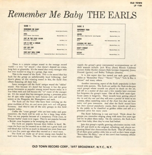 The Earls : Remember Me Baby (LP, Album)