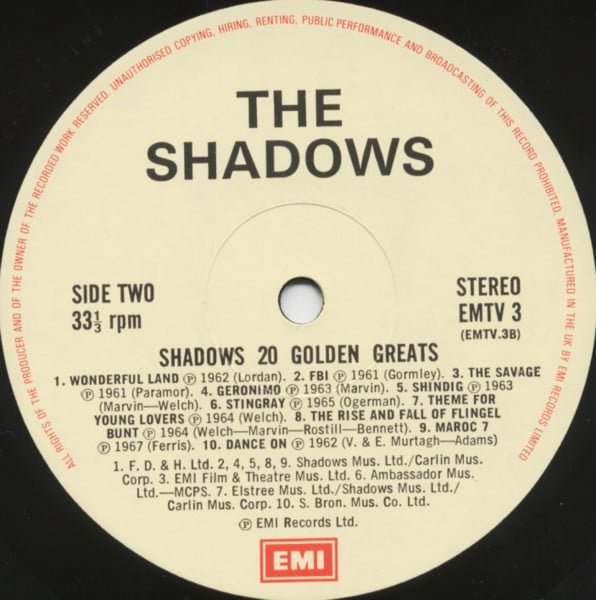 The Shadows : 20 Golden Greats (LP, Comp, RE, Cre)