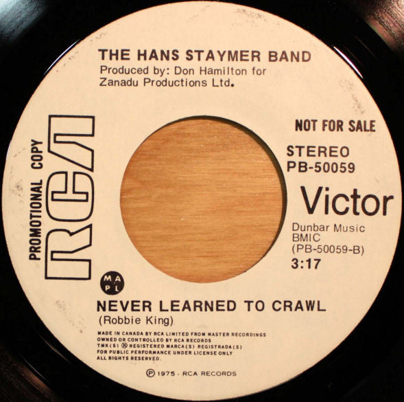The Hans Staymer Band : Hello Central (Give Me Dr. Music) / Never Learned To Crawl (7", Single, Promo)