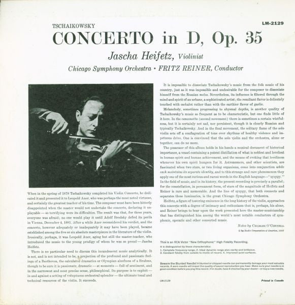 Pyotr Ilyich Tchaikovsky, Jascha Heifetz, Fritz Reiner, Chicago Symphony Orchestra : Concerto For Violin In D Major (LP, Album)