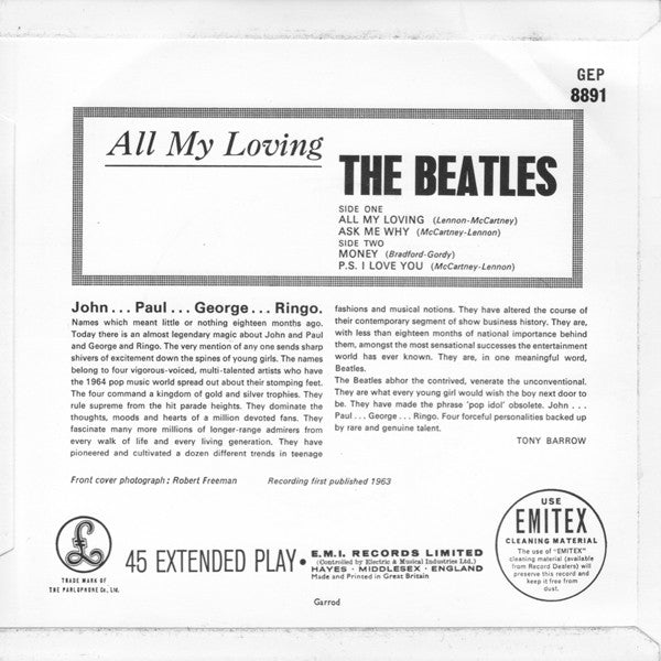 The Beatles : All My Loving (7", EP, Mono, RP)