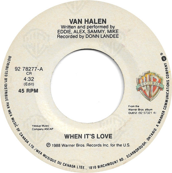 Van Halen : When It's Love (7", Single)